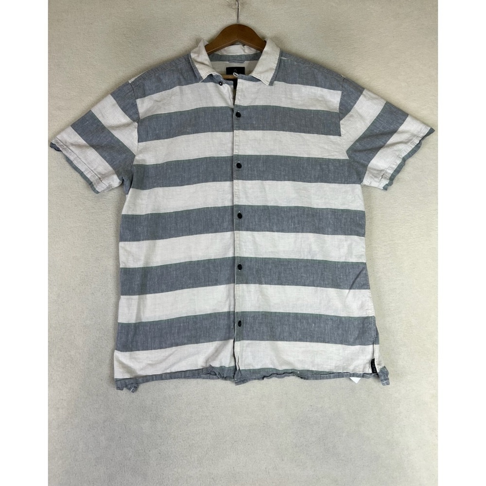 prAna Crocket Camp Shirt Men's XL Gray Striped Button Up Loop Collar Hemp Blend